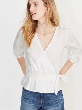 Madewell Puff Sleeve Peplum Wrap Top Pure White NWT Medium